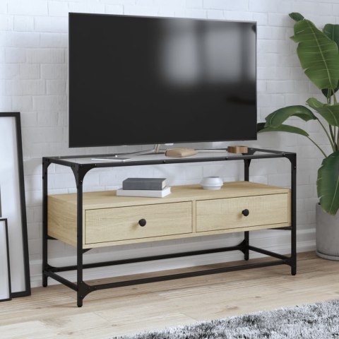 Szafka pod TV ze szklanym blatem, dąb sonoma, 98x35x51 cm