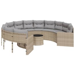 Sofa ogrodowa, stolik i poduszki, okrągła, beżowy rattan PE