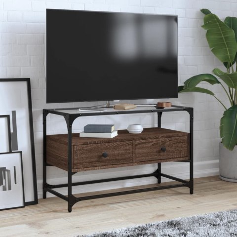 Szafka pod TV ze szklanym blatem, brązowy dąb, 80x35x51 cm