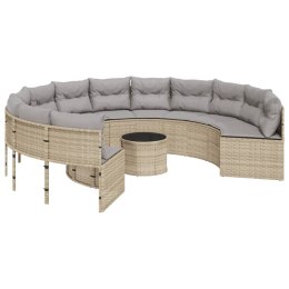 Sofa ogrodowa, stolik i poduszki, okrągła, beżowy rattan PE