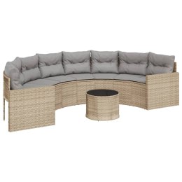 Sofa ogrodowa, stolik i poduszki, półokrągła, beżowy rattan PE