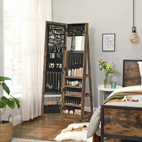 Szafka na biżuterię obracana o 360° z lustrem w kolorze vintage brown