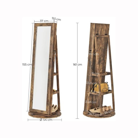 Szafka na biżuterię obracana o 360° z lustrem w kolorze vintage brown