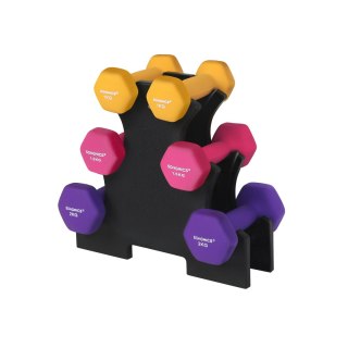 Zestaw hantli sześciokątnych ze stojakiem na hantle, 2 x 1 kg, 2 x 1,5 kg, 2 x 2 kg, matowe wykończenie, powłoka neoprenowa, tre