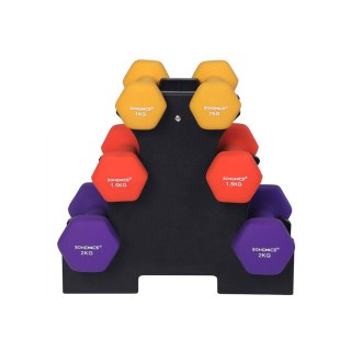 Zestaw hantli sześciokątnych ze stojakiem na hantle 2 x 1 kg 2 x 1,5 kg 2 x 2 kg Matowe wykończenie Powłoka neoprenowa Trening s