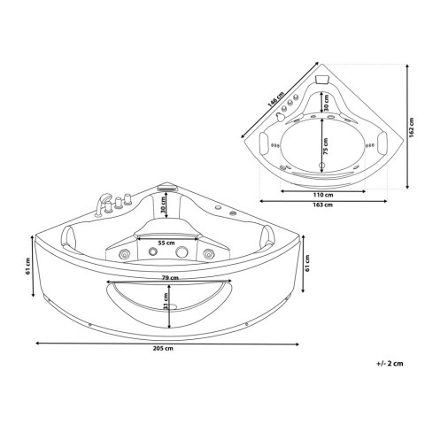 Wanna narożna LED z hydromasażem 205 x 146 cm czarna TOCOA