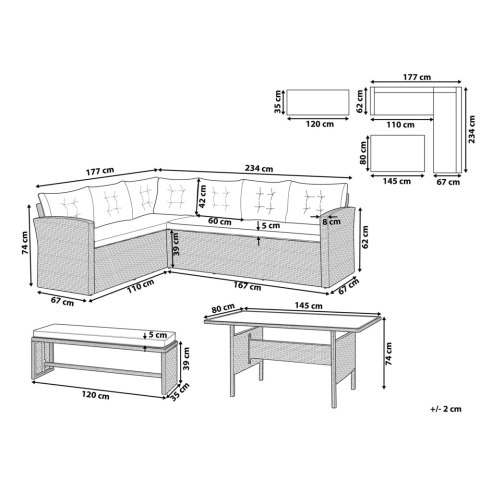 Zestaw ogrodowy ze stolikiem dla 8 osób VITERBO z poduszkami Technorattan Szary