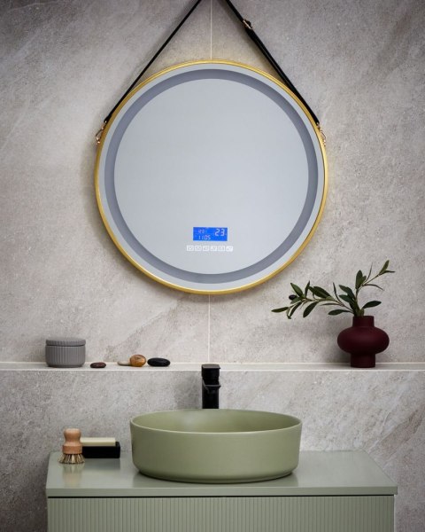 Lustro łazienkowe LED DAROIS 60 cm 60 cm Wbudowany głośnik Bluetooth Złoty