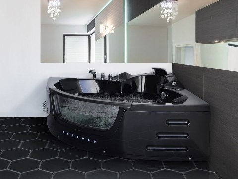 Wanna narożna LED z hydromasażem 198 x 144 cm czarna MARTINICA