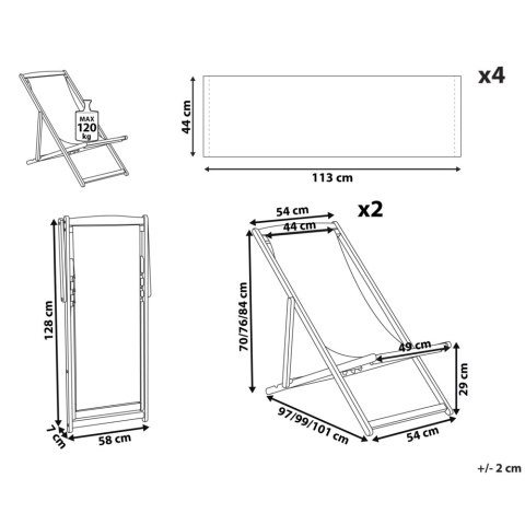 Zestaw 2 leżaków ogrodowych i 2 wymiennych tkanin ciemne drewno akacjowe z białym / wzór żółto-szary ANZIO