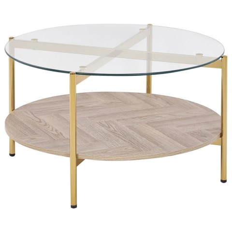 Stolik kawowy szklany jasne drewno ze złotym LOVELL