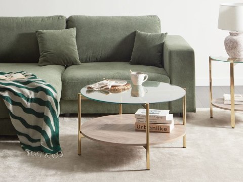 Stolik kawowy szklany jasne drewno ze złotym LOVELL