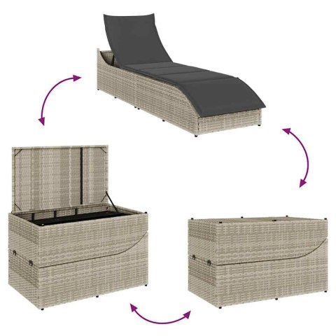  Składany leżak z poduszką i schowkiem, jasnoszary, polirattan Lumarko! Lumarko!