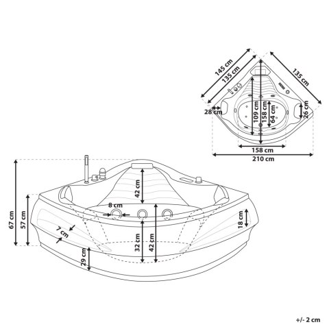 Wanna narożna LED z hydromasażem i glośnikiem Bluetooth 210 x 145 cm biała MONACO