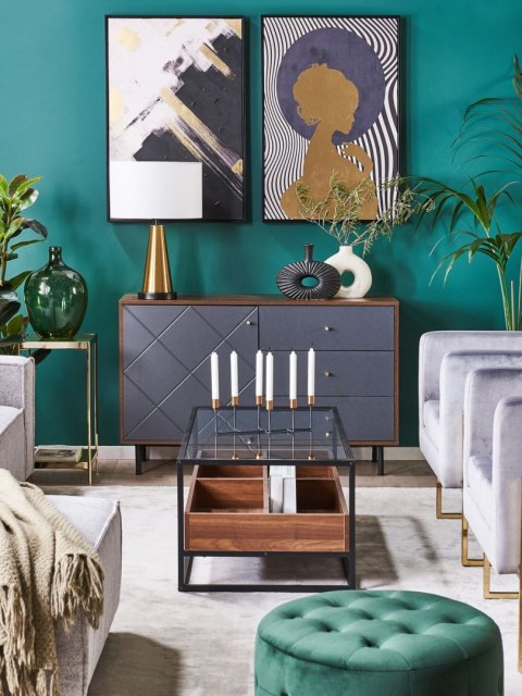 Stolik kawowy z półką szklany ciemne drewno z czarnym WACO