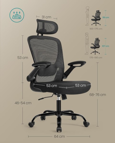 Ergonomiczne krzesło biurowe Krzesło obrotowe z siateczkowym podparciem lędźwiowym Funkcja bujania 53 cm Siedzisko Składane podł