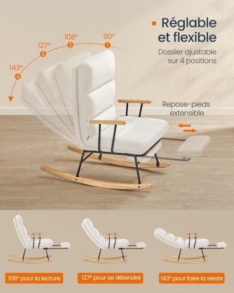 Fotel bujany HOME, nogi z drewna kauczukowego, pluszowa tkanina, fotel bujany, regulowane oparcie w 4 pozycjach, obciążenie do