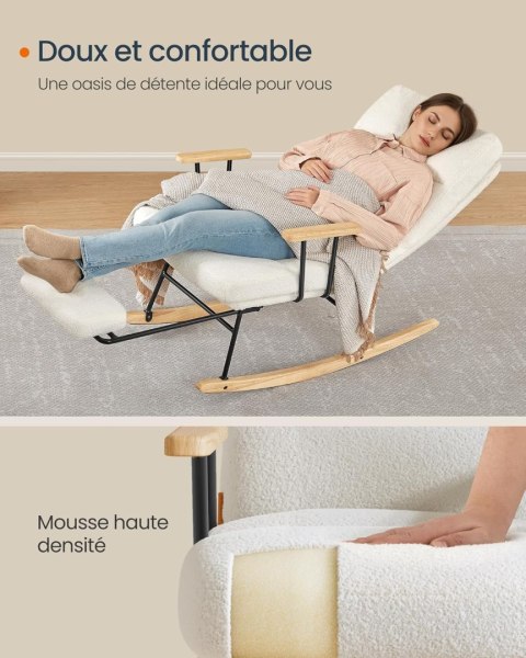 Fotel bujany HOME, nogi z drewna kauczukowego, pluszowa tkanina, fotel bujany, regulowane oparcie w 4 pozycjach, obciążenie do