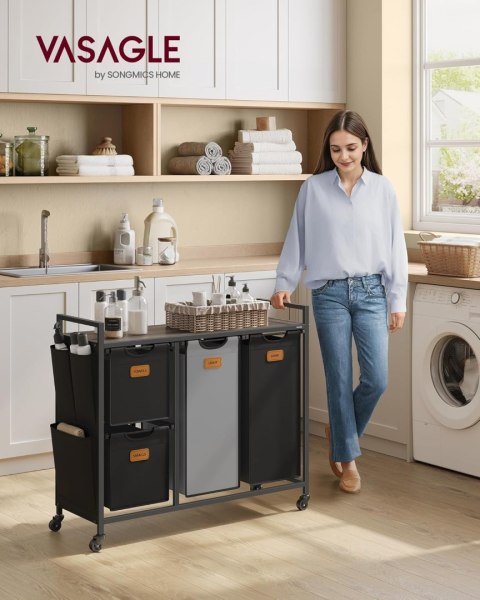 Kosz na pranie z 4 przegrodami, 150-litrowy sortownik prania, wózek na pranie z półkami, wyjmowane wkładki, 6 etykiet, kasztanow