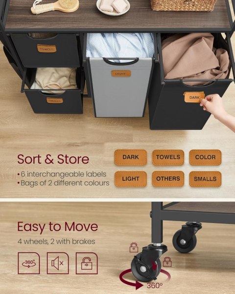Kosz na pranie z 4 przegrodami, 150-litrowy sortownik prania, wózek na pranie z półkami, wyjmowane wkładki, 6 etykiet, kasztanow