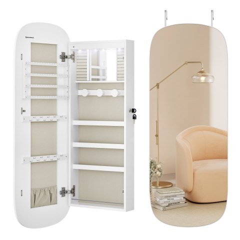 Lustro ze schowkiem, szafka na biżuterię z lustrem LED do montażu na ścianie/drzwiach, zamykana szeroka szafka z zaokrąglonym lu