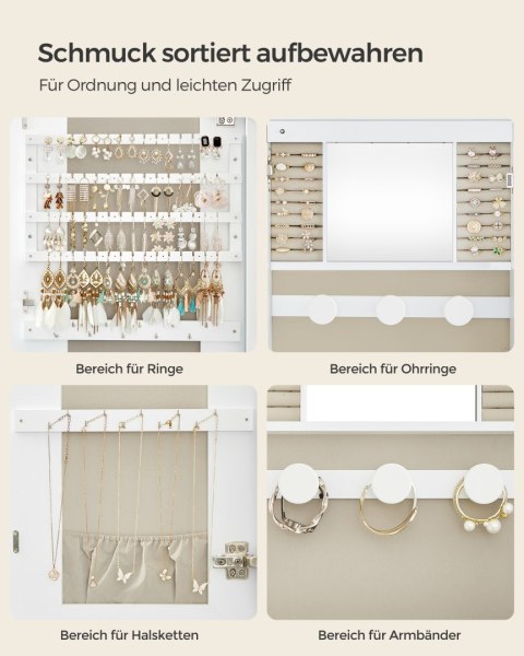 Lustro ze schowkiem, szafka na biżuterię z lustrem LED do montażu na ścianie/drzwiach, zamykana szeroka szafka z zaokrąglonym lu