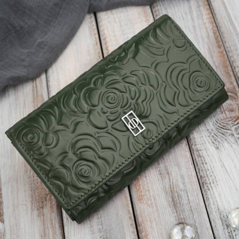 Ciemnozielony portfel damski skórzany w kwiaty duży poziomy Paolo Peruzzi AL-14-GB