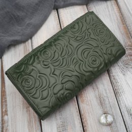 Ciemnozielony portfel damski skórzany w kwiaty duży poziomy Paolo Peruzzi AL-14-GB