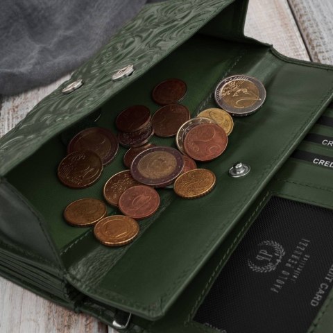 Ciemnozielony portfel damski skórzany w kwiaty duży poziomy Paolo Peruzzi AL-14-GB