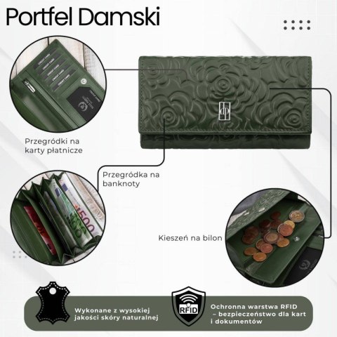 Ciemnozielony portfel damski skórzany w kwiaty duży poziomy Paolo Peruzzi AL-14-GB