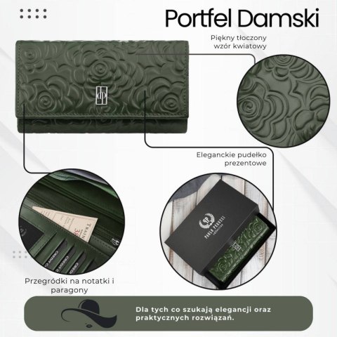 Ciemnozielony portfel damski skórzany w kwiaty duży poziomy Paolo Peruzzi AL-14-GB