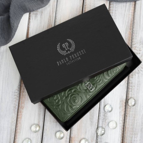 Ciemnozielony portfel damski skórzany z tłoczeniem kwiatowym RFID Paolo Peruzzi AL-13-GB