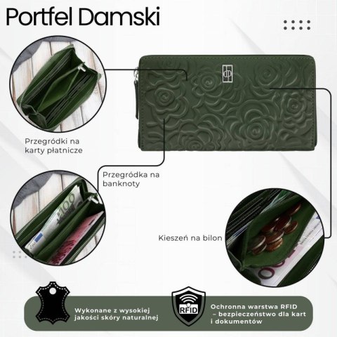 Ciemnozielony portfel damski skórzany z tłoczeniem kwiatowym RFID Paolo Peruzzi AL-13-GB