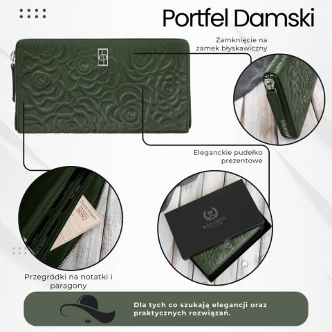 Ciemnozielony portfel damski skórzany z tłoczeniem kwiatowym RFID Paolo Peruzzi AL-13-GB