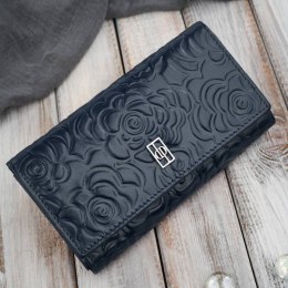 Duży portfel damski skórzany z tłoczeniem w kwiaty granatowy Paolo Peruzzi AL-14-NV