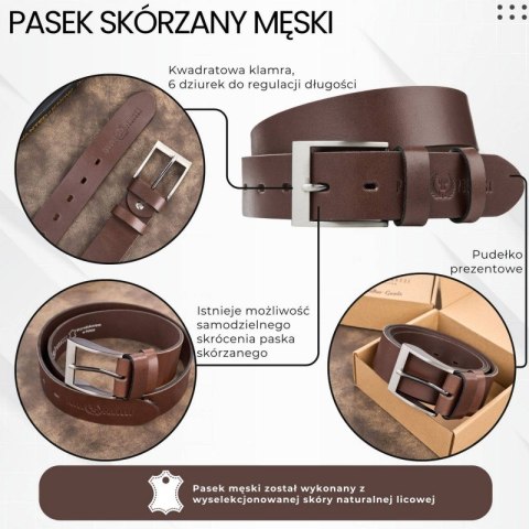Pasek męski skórzany premium z klasyczną klamrą elegancki brązowy 100 cm Paolo Peruzzi PG-08-BR-100