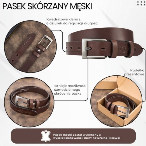 Pasek męski skórzany premium z klasyczną klamrą elegancki brązowy 120 cm Paolo Peruzzi PG-09-BR-120