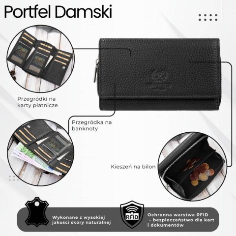 Portfel damski duży czarny ze skóry naturalnej pojemny Paolo Peruzzi T-138-BL