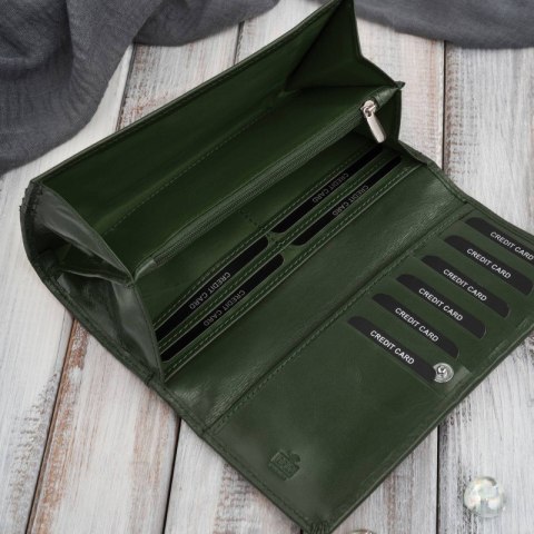 Portfel damski skórzany ciemnozielony w kwiatki duży Paolo Peruzzi AL-12-GB