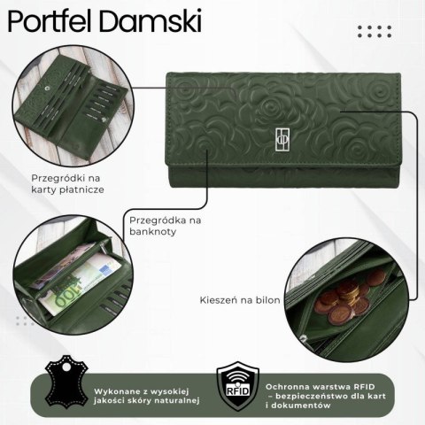 Portfel damski skórzany ciemnozielony w kwiatki duży Paolo Peruzzi AL-12-GB