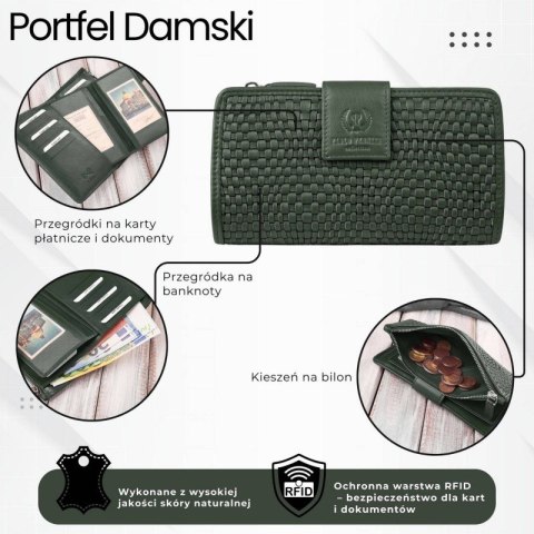 Portfel damski skórzany w kolorze butelkowej zieleni duży pleciony Paolo Peruzzi AY-08-GB