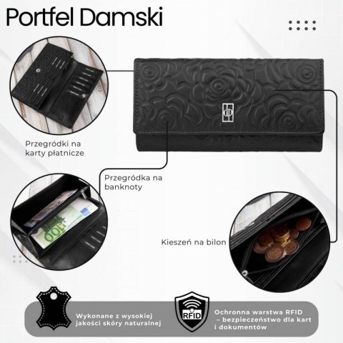 Portfel damski skórzany z tłoczeniem w kwiaty czarny z ochroną RFID Paolo Peruzzi AL-12-BL