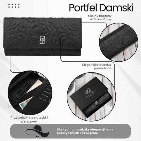 Portfel damski skórzany z tłoczeniem w kwiaty czarny z ochroną RFID Paolo Peruzzi AL-12-BL
