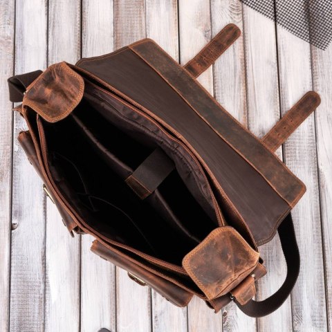 Skórzana torba męska na laptopa wytrzymała pojemna brązowa vintage Paolo Peruzzi T-106-HBR