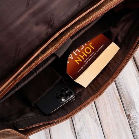 Skórzana torba męska na laptopa wytrzymała pojemna brązowa vintage Paolo Peruzzi T-106-HBR