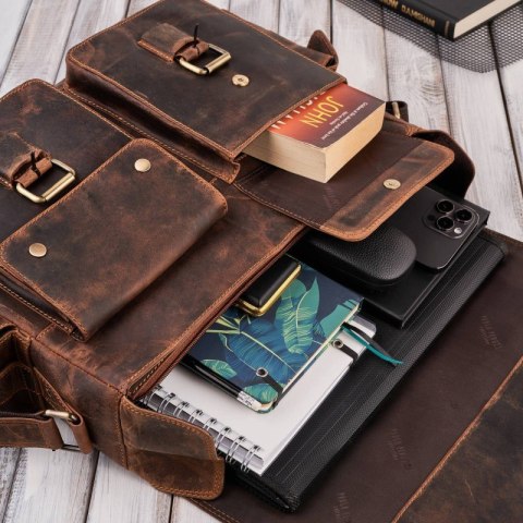 Skórzana torba męska na laptopa wytrzymała pojemna brązowa vintage Paolo Peruzzi T-106-HBR