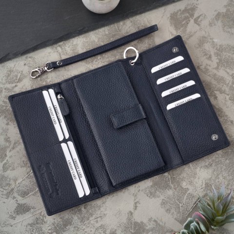 Duży portfel damski skórzany granatowy z miejscem na telefon kopertówka Paolo Peruzzi T-141-NV