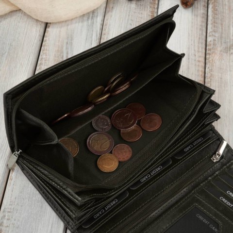 Portfel damski skórzany duży ciemnozielony z ochroną RFID klasyczny Paolo Peruzzi AL-07-GB