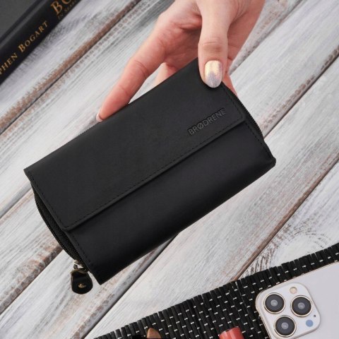 Portfel damski skórzany czarny ze skóry naturalnej duży poziomy Brødrene G-89SH/BL