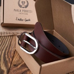 Pasek damski skórzany brązowy 100 cm ze srebrną klamrą Paolo Peruzzi PG-01-BRS-100